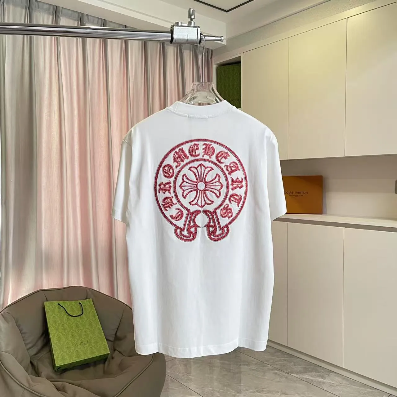 🅿️200 ch Cro* 2025 summer new style Sanskrit horseshoe cross cross vacuum embroidery short-sleeved t-shirt customized fabric 300g same style for men and women Size: S M L XL XXL Five codes Color: black white